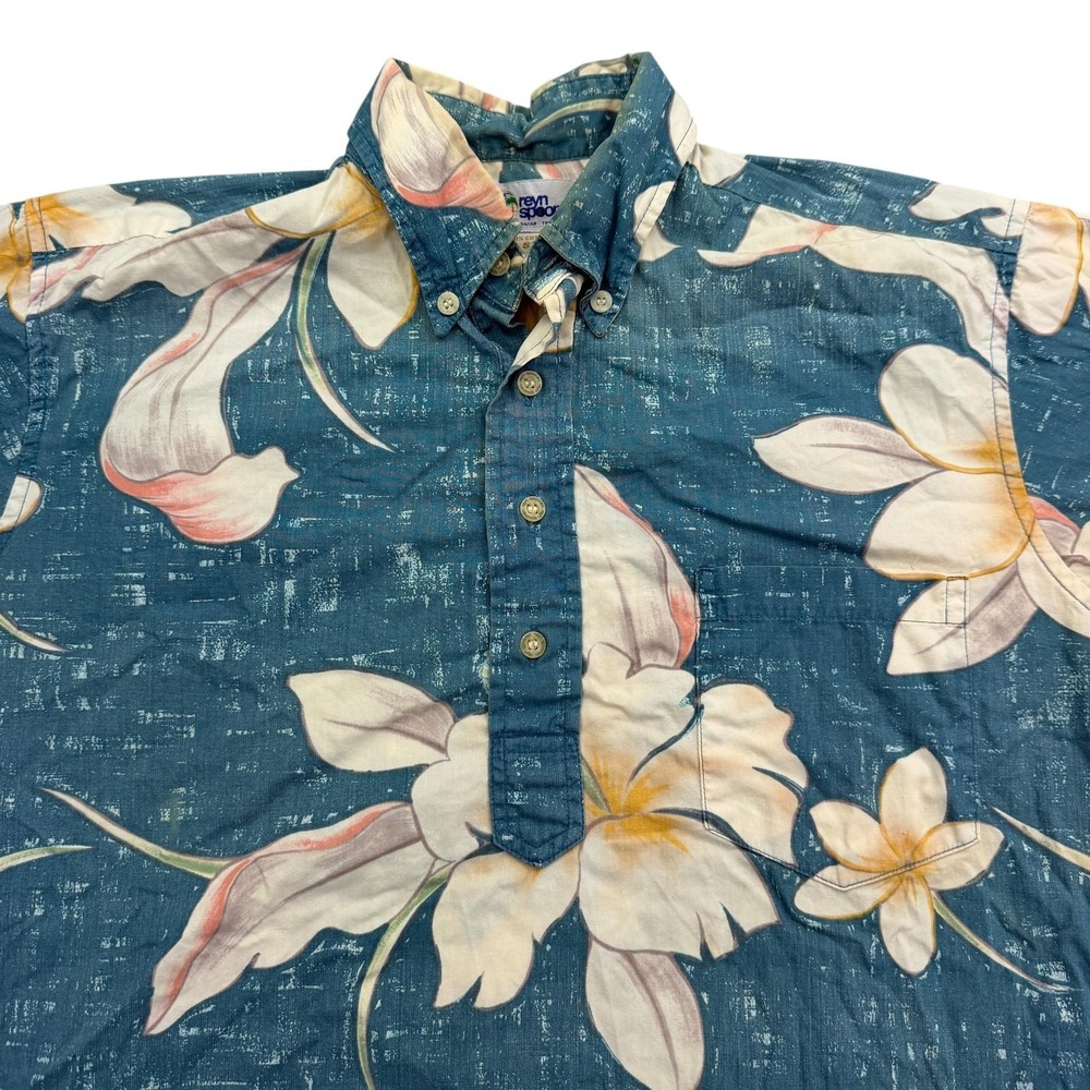 Reyn Spooner Shirt Mens Small Blue Short Sleeve Button Popover Floral Hawaiian